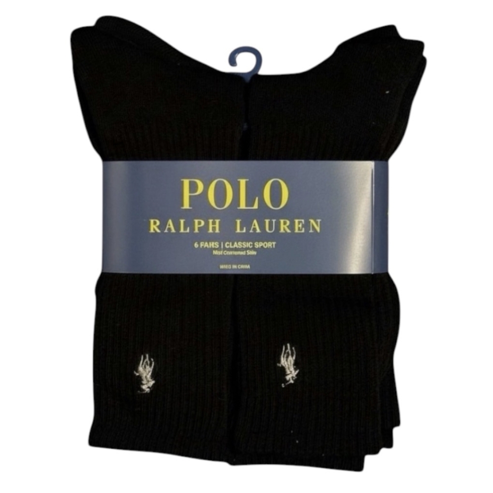 Polo Ralph Lauren Classic Sport Crew Socks Black With Gray Pony 6-Pack